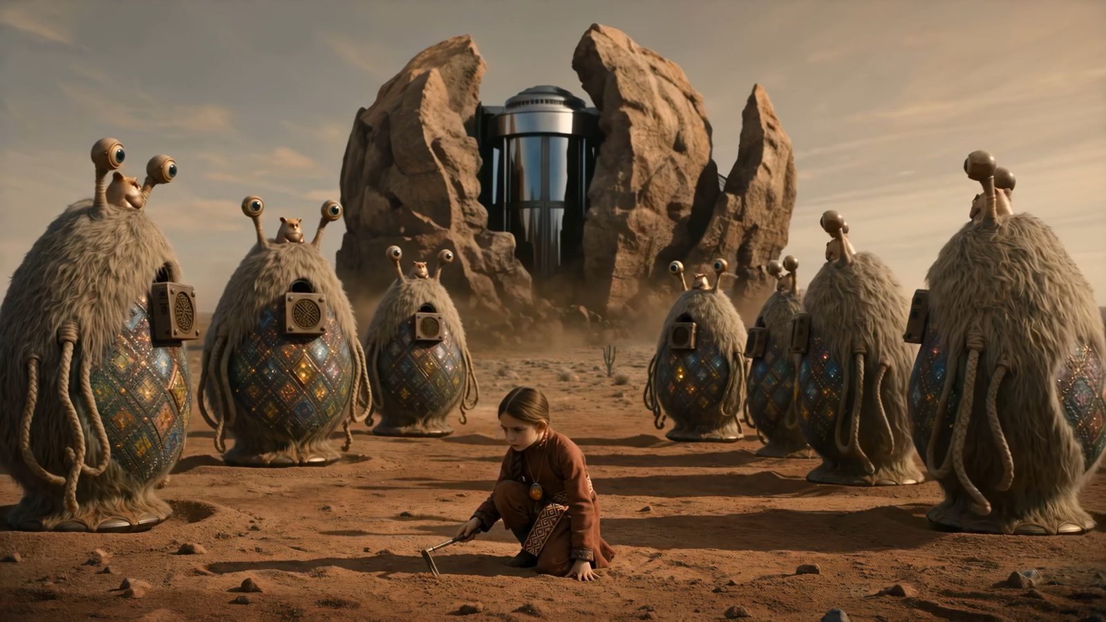 The egg-beings rise from the sand