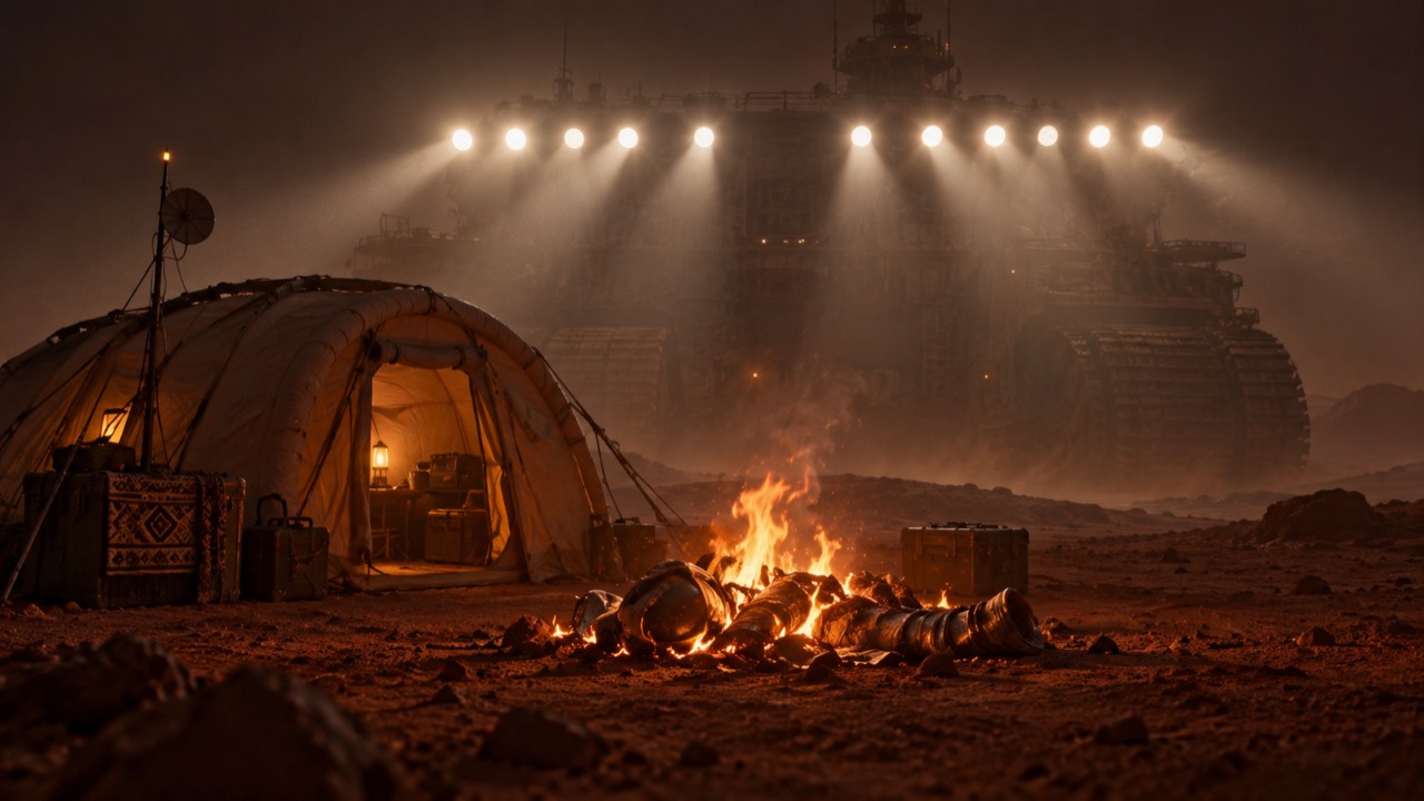 A tent in the desert at night